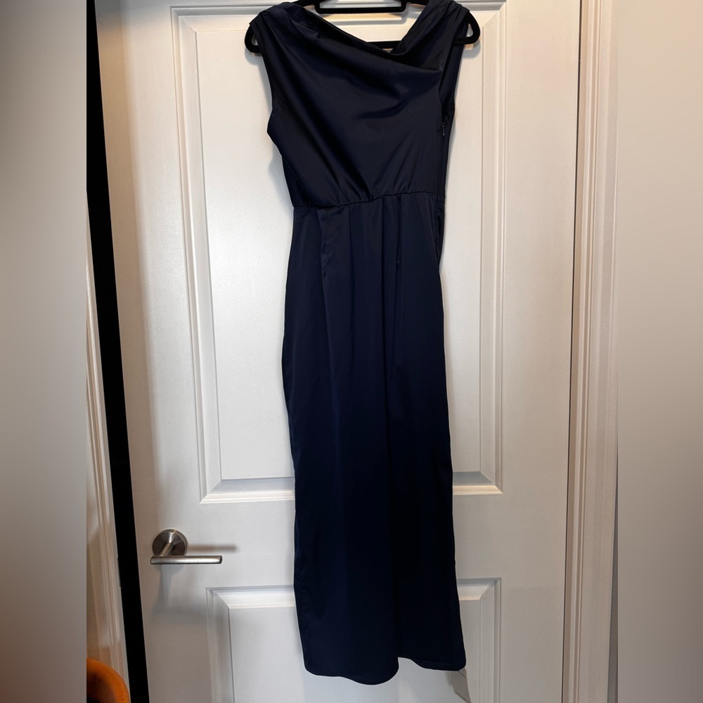 Abercrombie & Fitch Navy Blue Boat Cowl Neck Draped Ruched Maxi Dress Satin XS - Picture 3 of 10